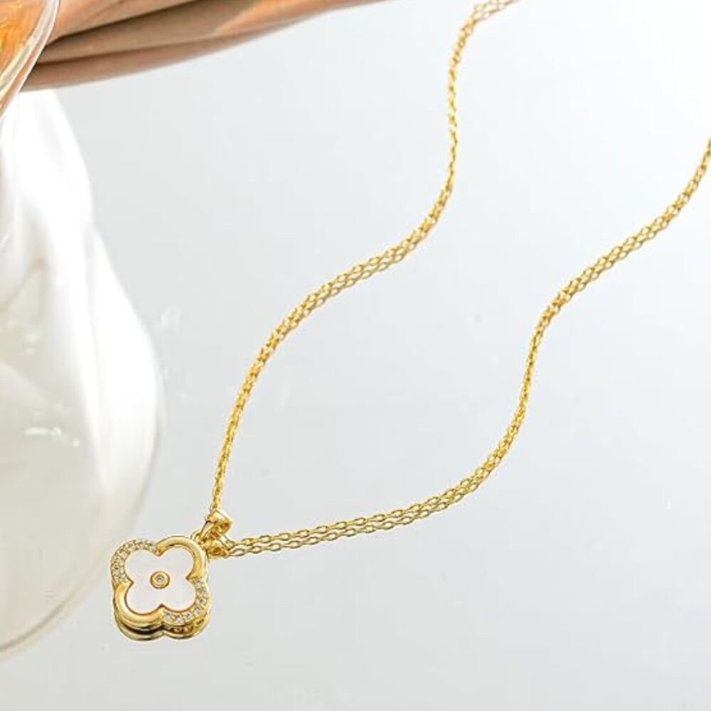 Women's Gold Plated Clover Shaped Dainty CZ Rhinestone Pendant Necklace - Picture 4 of 5